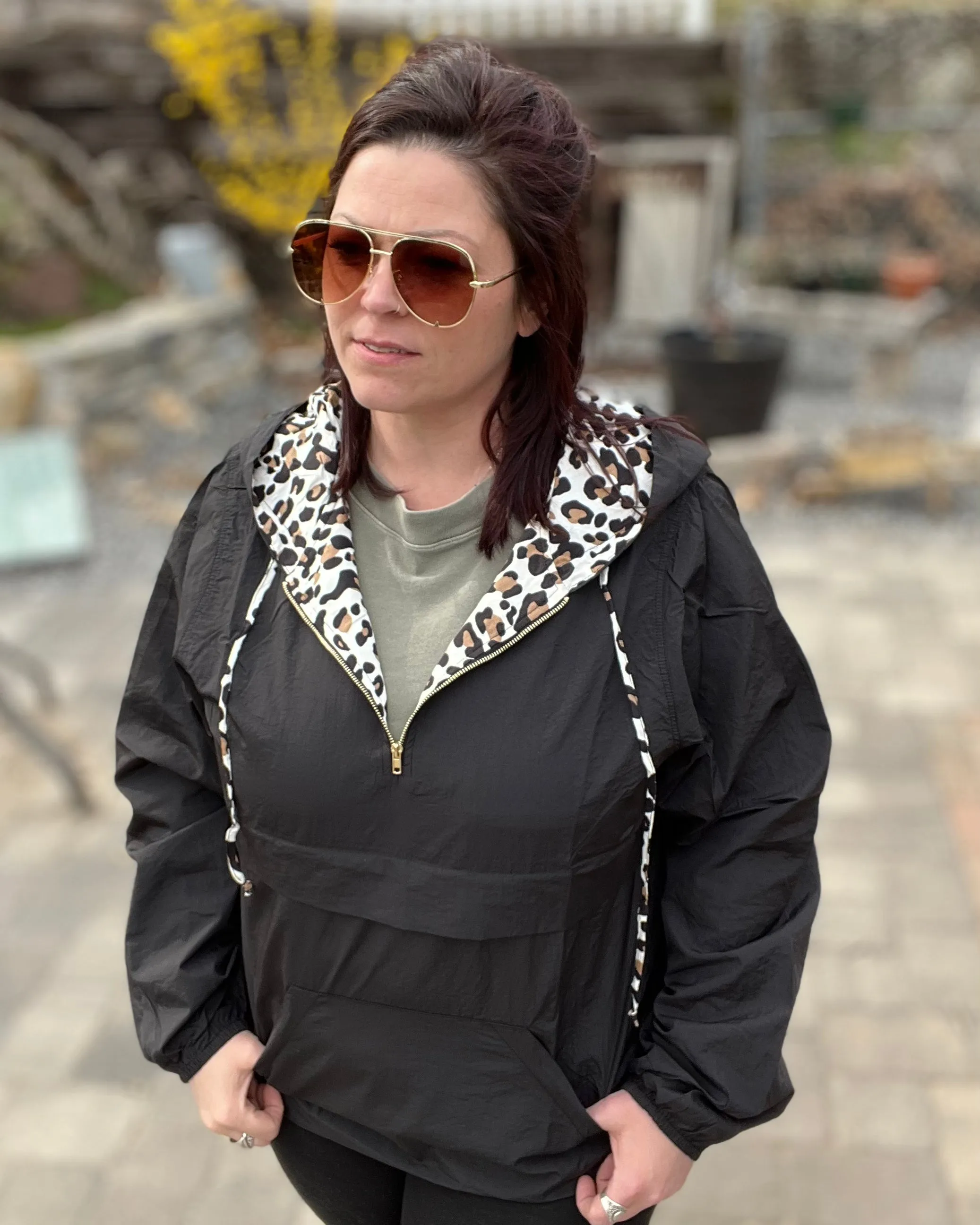 1/4 zip black windbreaker with leopard print embellishment | women's oversized jacket