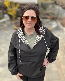 1/4 zip black windbreaker with leopard print embellishment | women's oversized jacket