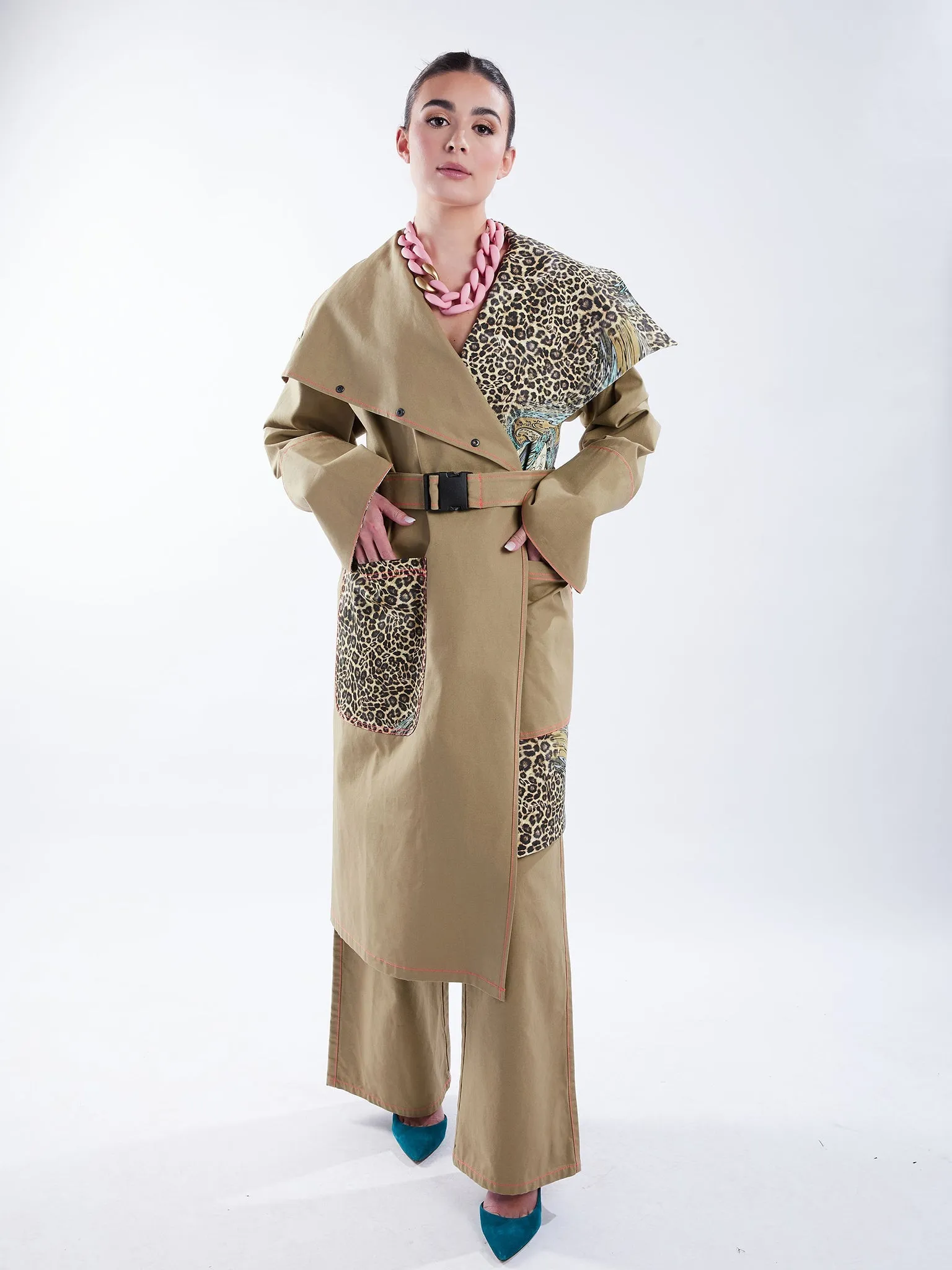 Asymmetric Trench Coat in Tan Duck and Leopard Paisley Print