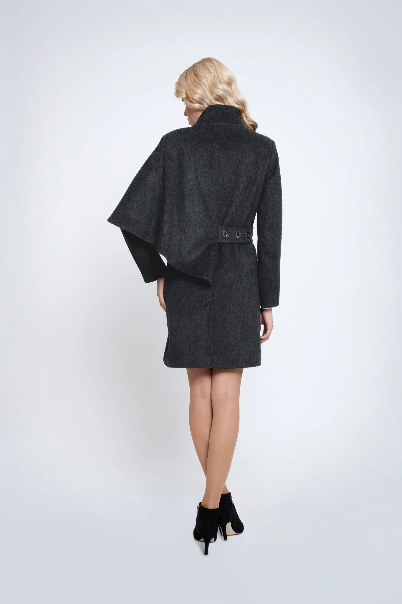 Asymmetric wool and angora coat