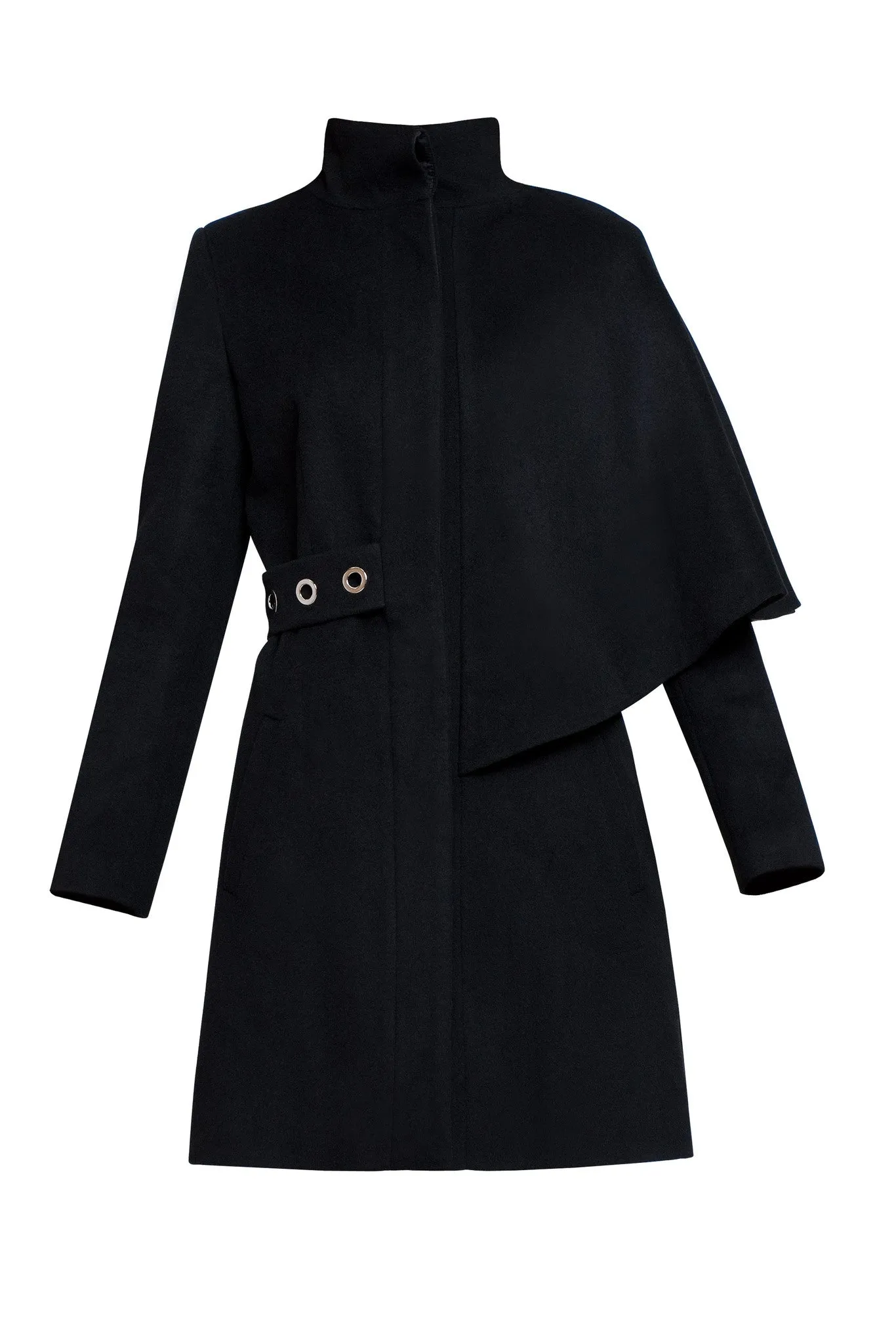 Asymmetric wool and angora coat