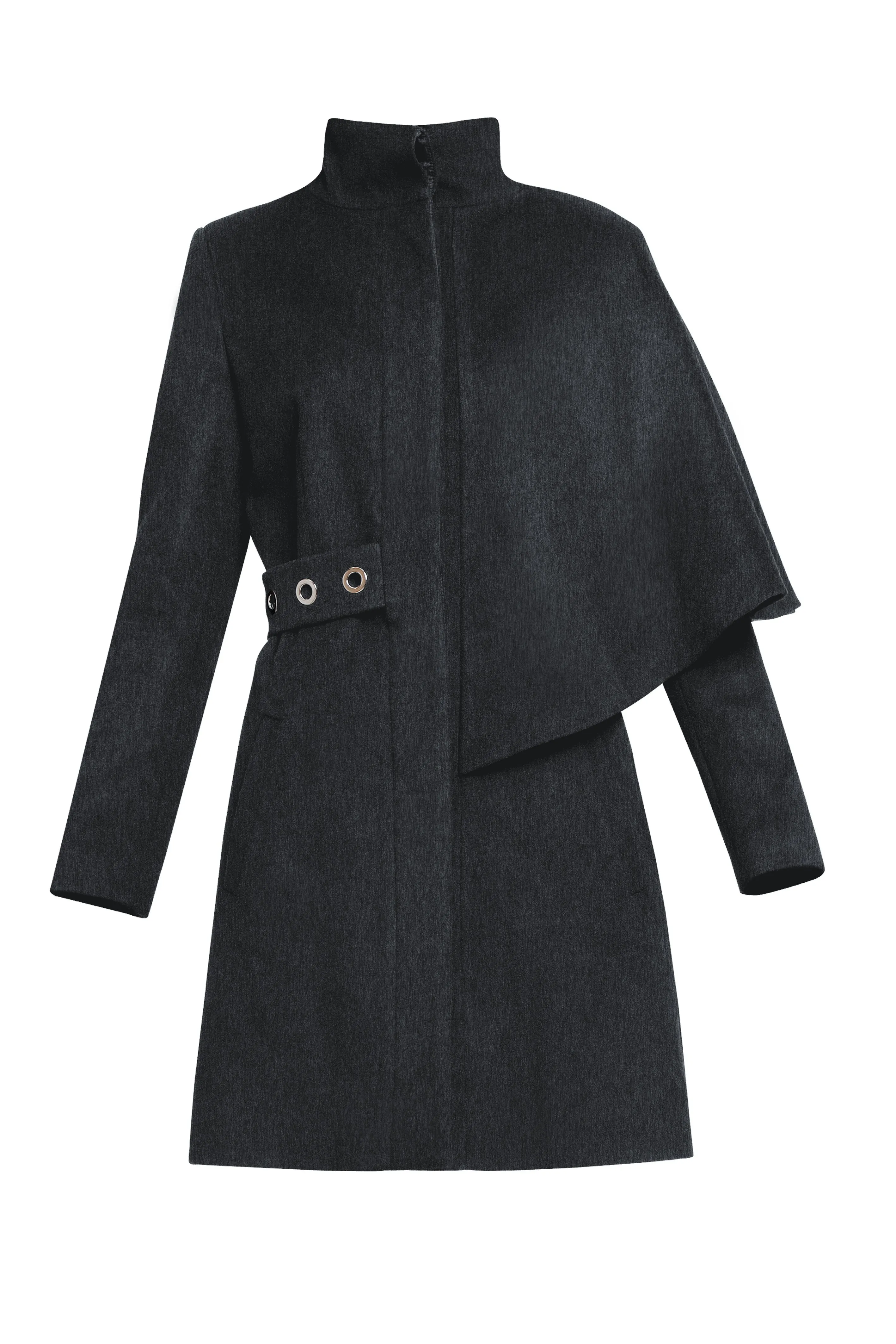 Asymmetric wool-blend cape coat in charcoal grey