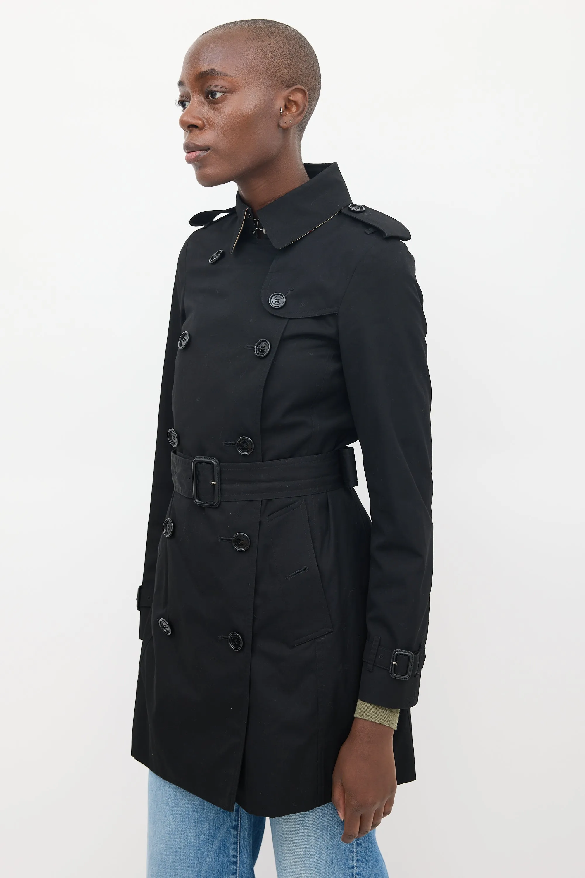 Black Cotton Mid Length Trench Coat