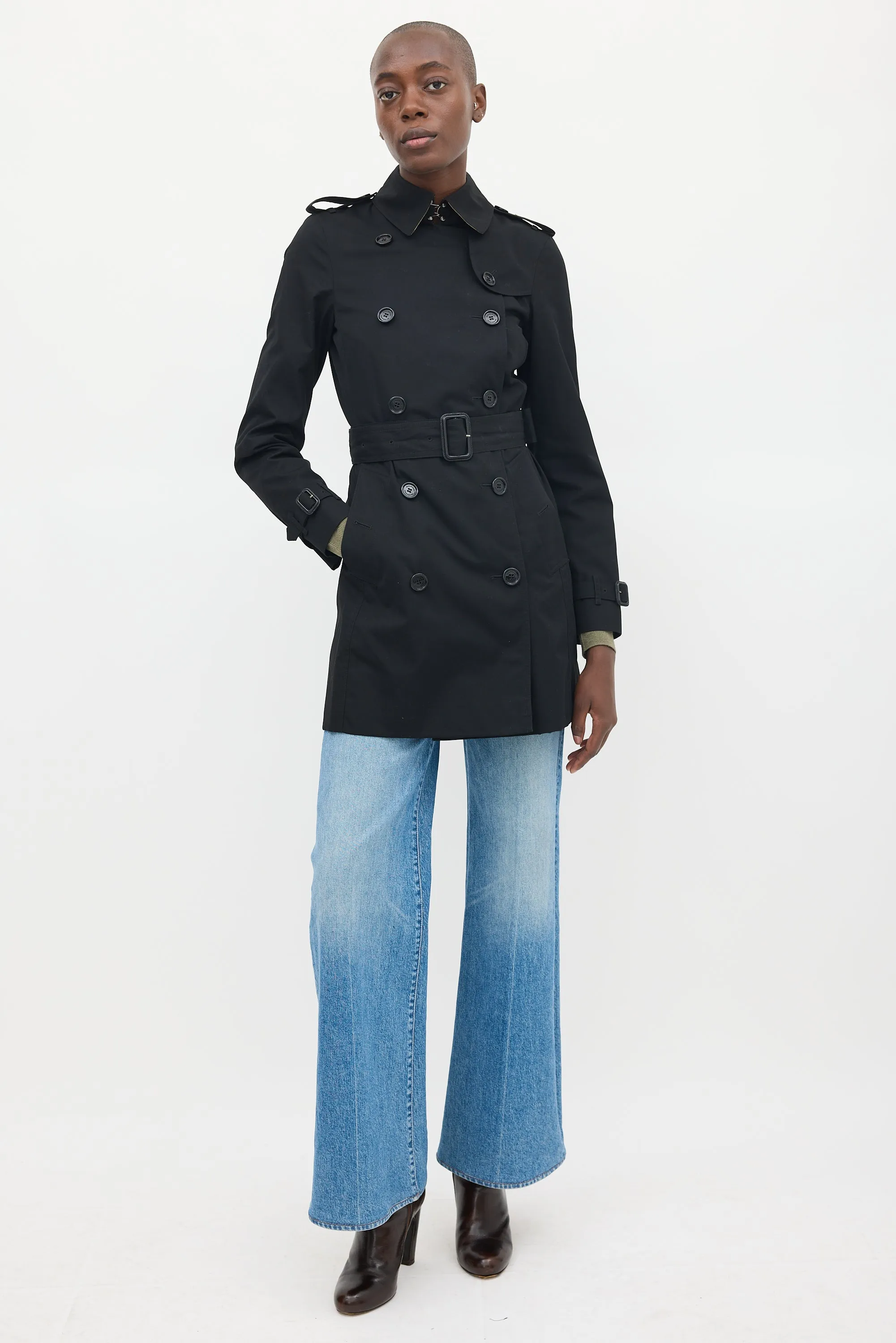 Black Cotton Mid Length Trench Coat