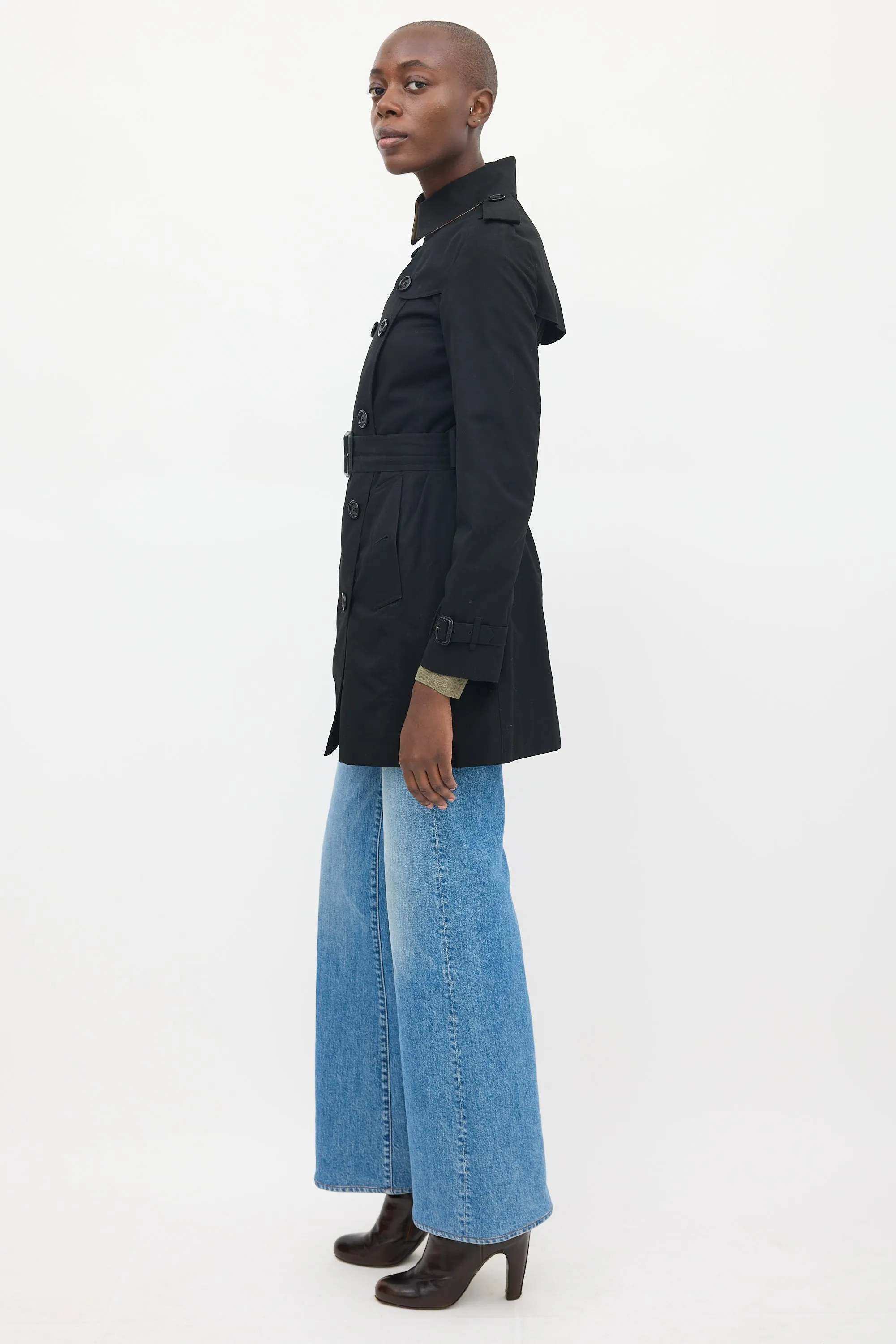 Black Cotton Mid Length Trench Coat