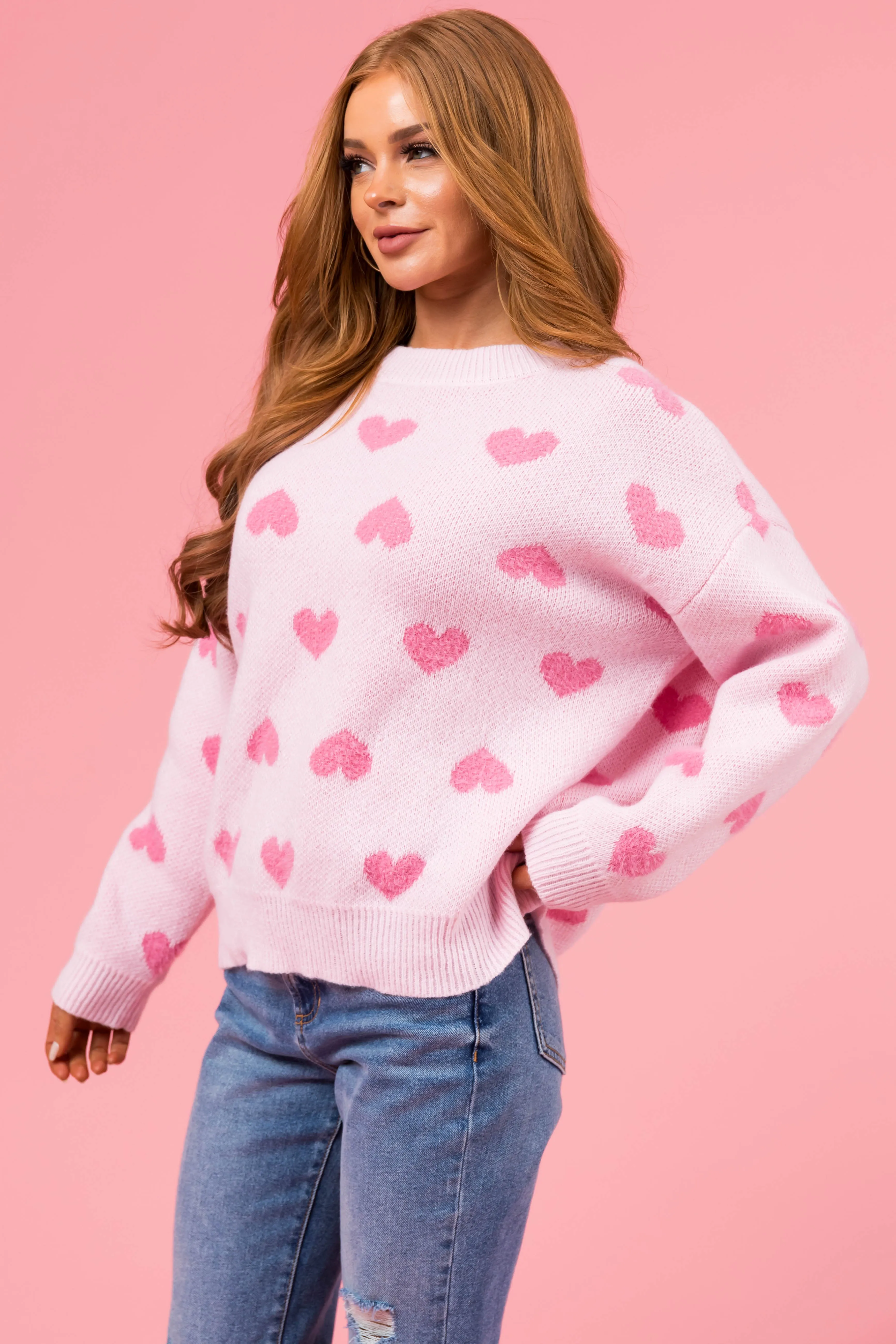 Blush Heart Print Cozy Thick Knit Sweater