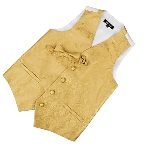 Boy's Classic Paisley Bow Tie and Suit Vest Set, 079-Golden Olive