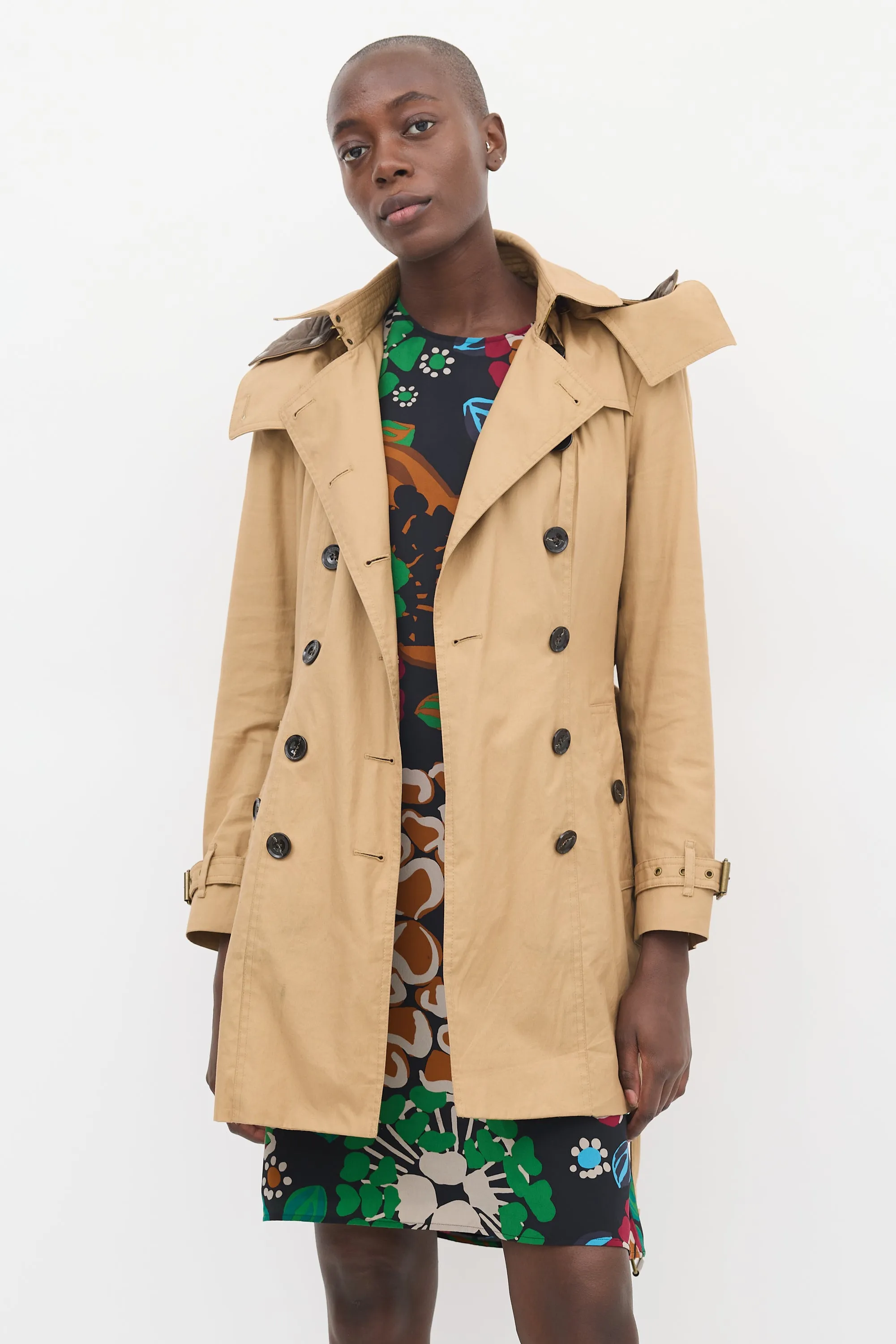 Brown Cotton Modular Hooded Mid Length Trench Coat