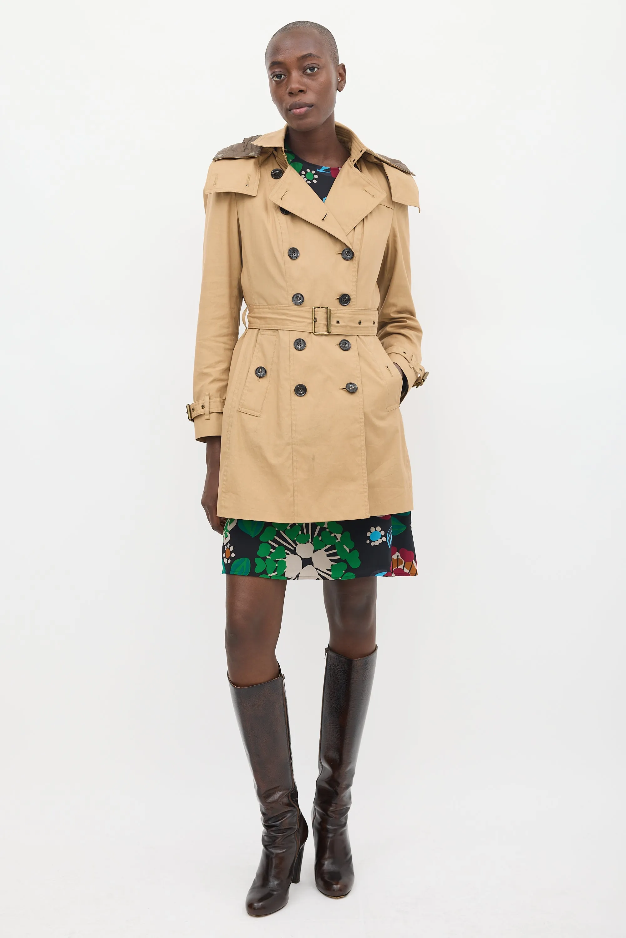 Brown Cotton Modular Hooded Mid Length Trench Coat