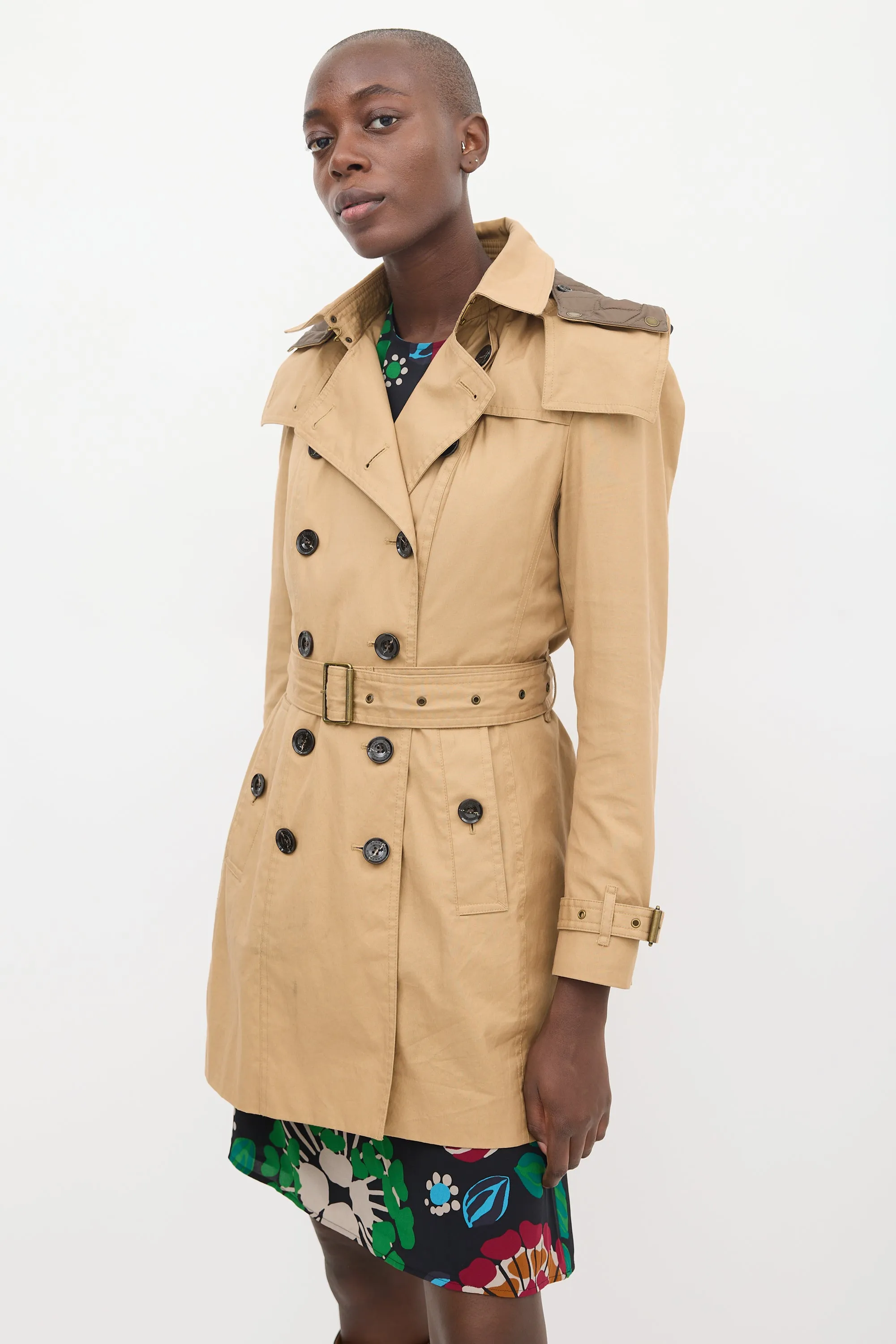 Brown Cotton Modular Hooded Mid Length Trench Coat