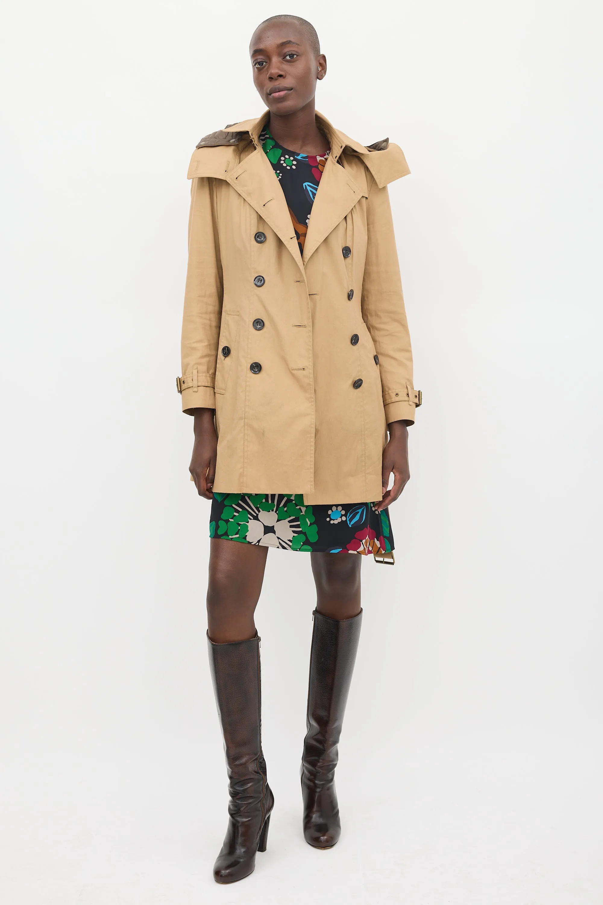 Brown Cotton Modular Hooded Mid Length Trench Coat