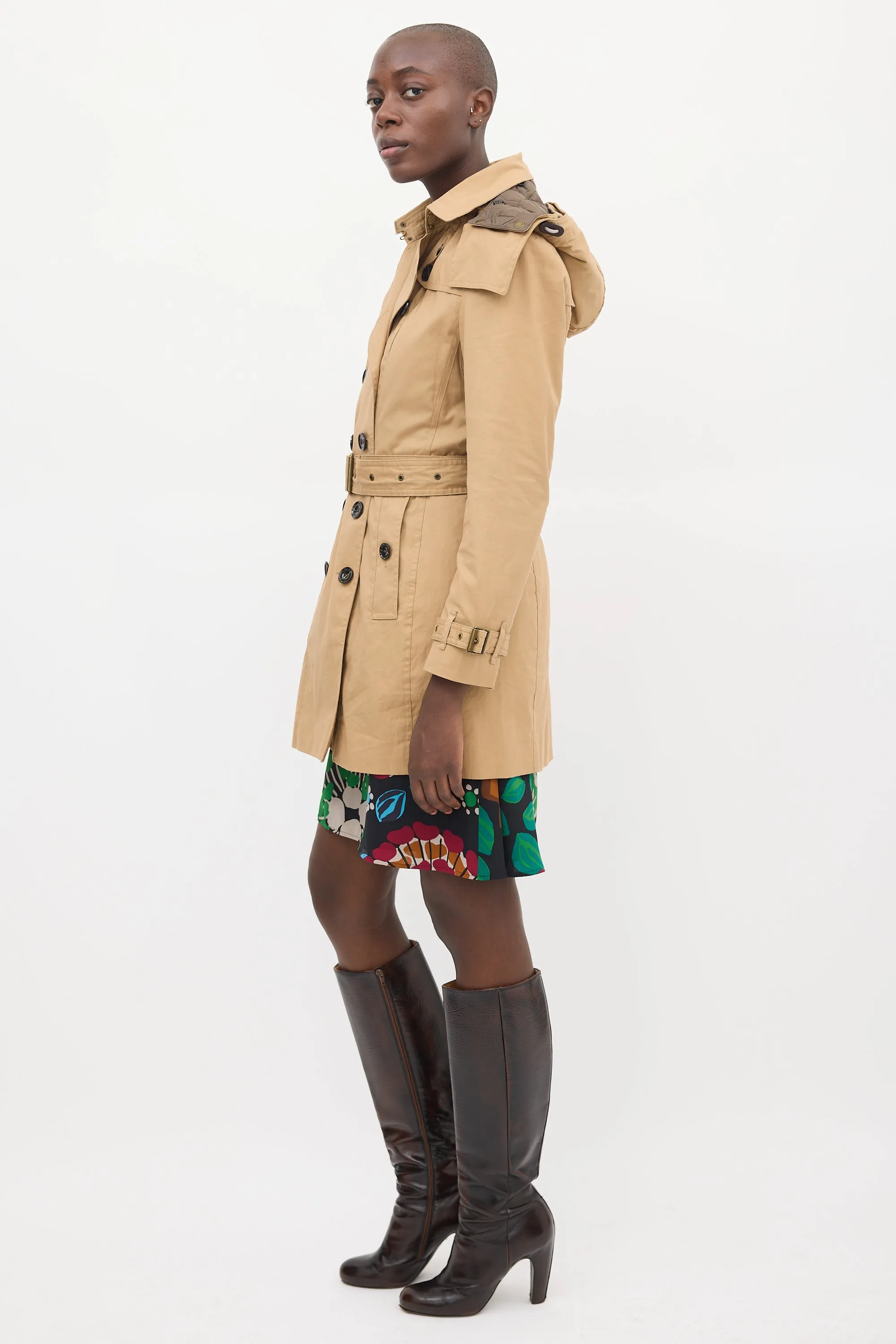 Brown Cotton Modular Hooded Mid Length Trench Coat