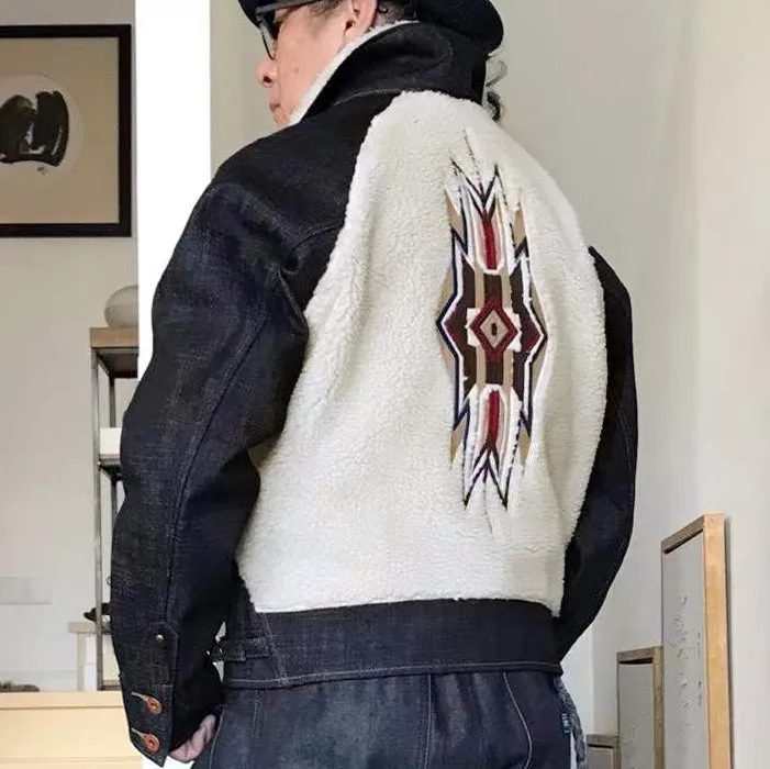 BZEN M.3003R-SANTANA-NAV I REGULAR FIT RAGLAN SLEEVE SHERPA PANELS WITH NATIVE AMERICAN MOTIF EMBROIDERY SLUB DENIM COSSACK JACKET-14.5OZ-HRH INDIGO
