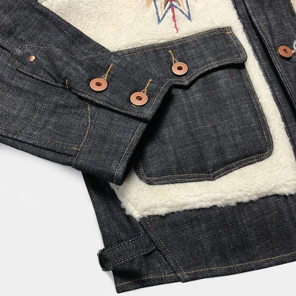 BZEN M.3003R-SANTANA-NAV I REGULAR FIT RAGLAN SLEEVE SHERPA PANELS WITH NATIVE AMERICAN MOTIF EMBROIDERY SLUB DENIM COSSACK JACKET-14.5OZ-HRH INDIGO