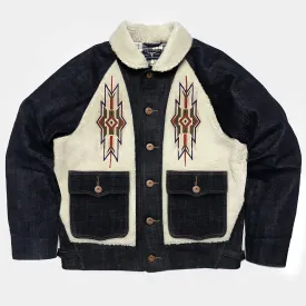 BZEN M.3003R-SANTANA-NAV I REGULAR FIT RAGLAN SLEEVE SHERPA PANELS WITH NATIVE AMERICAN MOTIF EMBROIDERY SLUB DENIM COSSACK JACKET-14.5OZ-HRH INDIGO