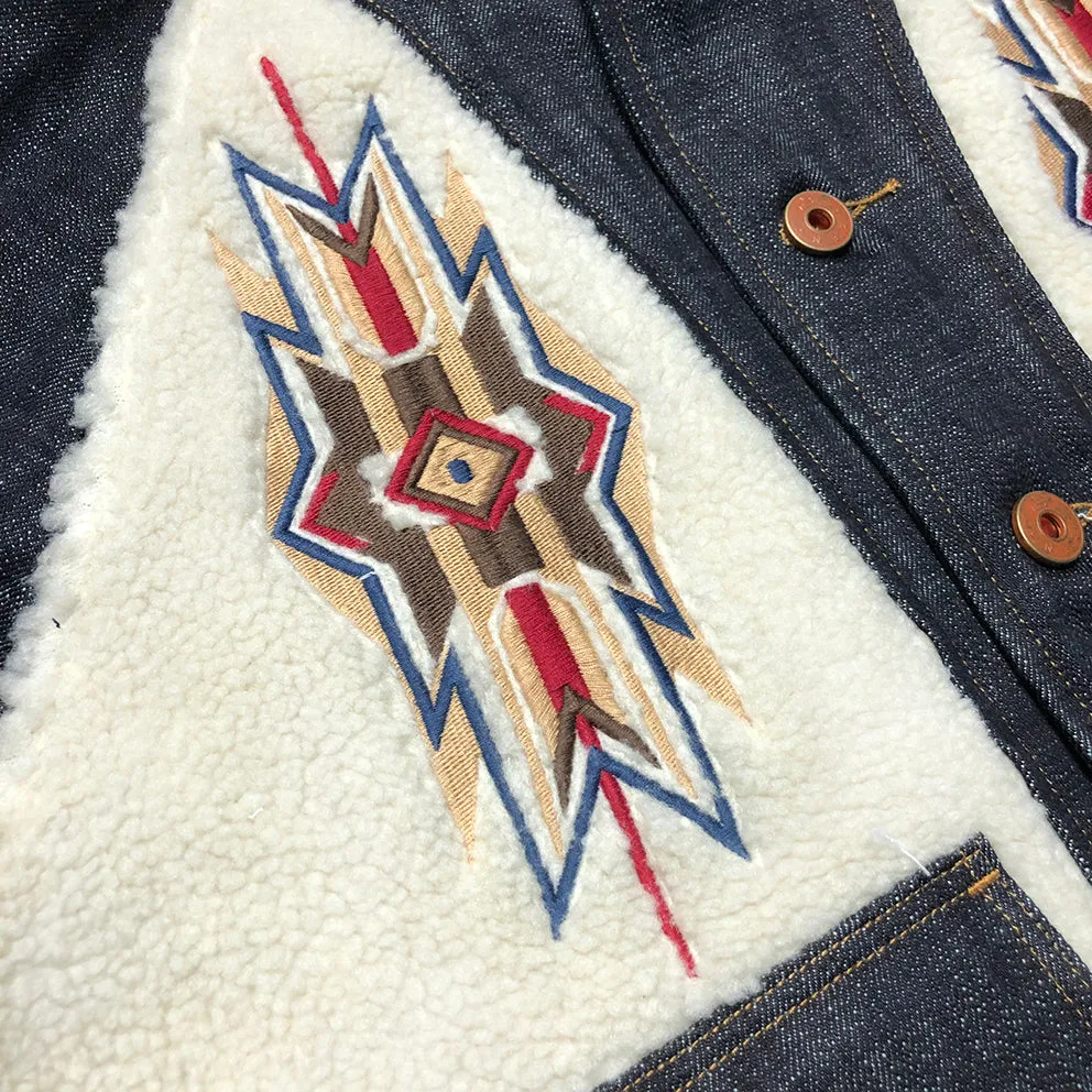 BZEN M.3003R-SANTANA-NAV I REGULAR FIT RAGLAN SLEEVE SHERPA PANELS WITH NATIVE AMERICAN MOTIF EMBROIDERY SLUB DENIM COSSACK JACKET-14.5OZ-HRH INDIGO