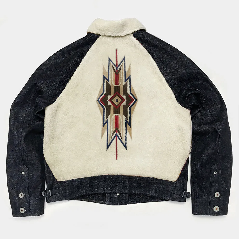 BZEN M.3003R-SANTANA-NAV I REGULAR FIT RAGLAN SLEEVE SHERPA PANELS WITH NATIVE AMERICAN MOTIF EMBROIDERY SLUB DENIM COSSACK JACKET-14.5OZ-HRH INDIGO