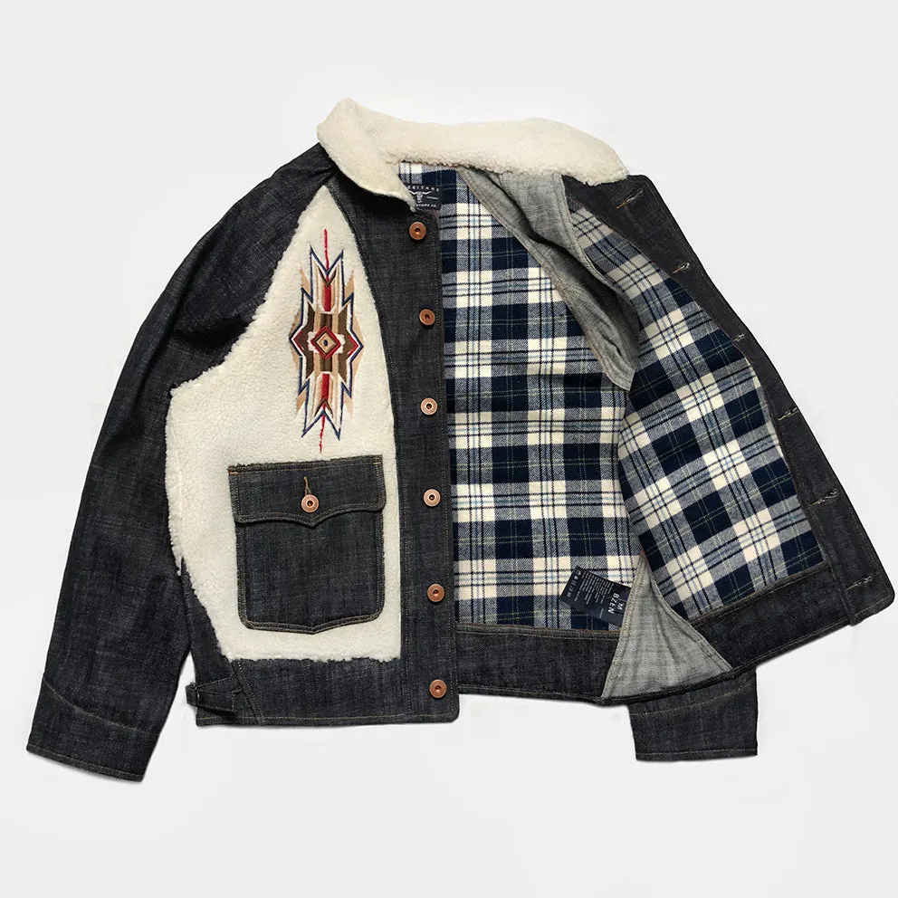 BZEN M.3003R-SANTANA-NAV I REGULAR FIT RAGLAN SLEEVE SHERPA PANELS WITH NATIVE AMERICAN MOTIF EMBROIDERY SLUB DENIM COSSACK JACKET-14.5OZ-HRH INDIGO