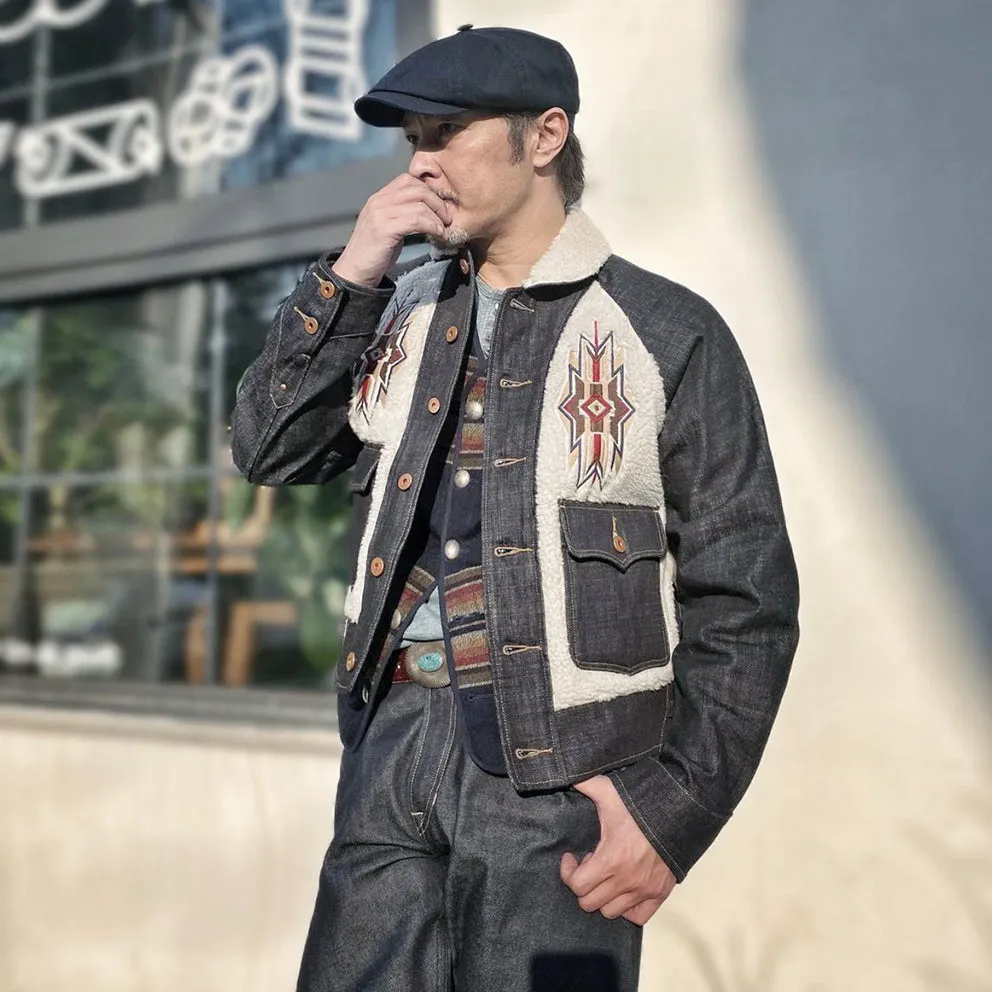 BZEN M.3003R-SANTANA-NAV I REGULAR FIT RAGLAN SLEEVE SHERPA PANELS WITH NATIVE AMERICAN MOTIF EMBROIDERY SLUB DENIM COSSACK JACKET-14.5OZ-HRH INDIGO