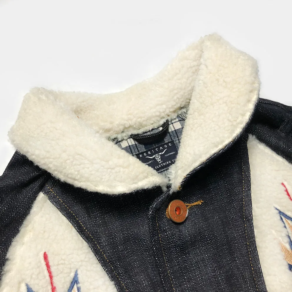 BZEN M.3003R-SANTANA-NAV I REGULAR FIT RAGLAN SLEEVE SHERPA PANELS WITH NATIVE AMERICAN MOTIF EMBROIDERY SLUB DENIM COSSACK JACKET-14.5OZ-HRH INDIGO