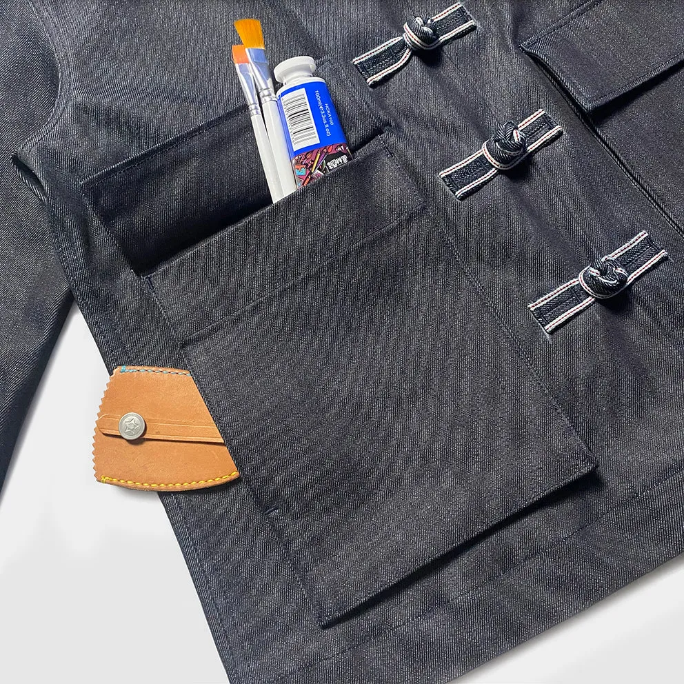 BZEN M.3098R TANG REGULAR FIT CHINESE SHIRT JACKET IN INDIGO SELVEDGE DENIM-12OZ-HRH INDIGO
