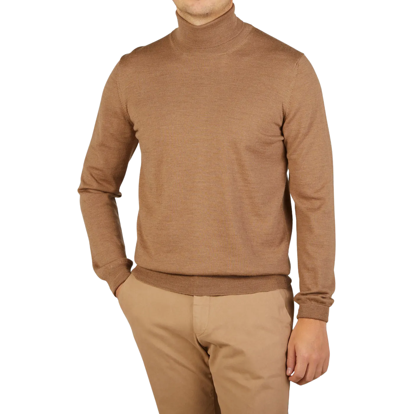 Camel Beige Extra Fine Merino Roll Neck