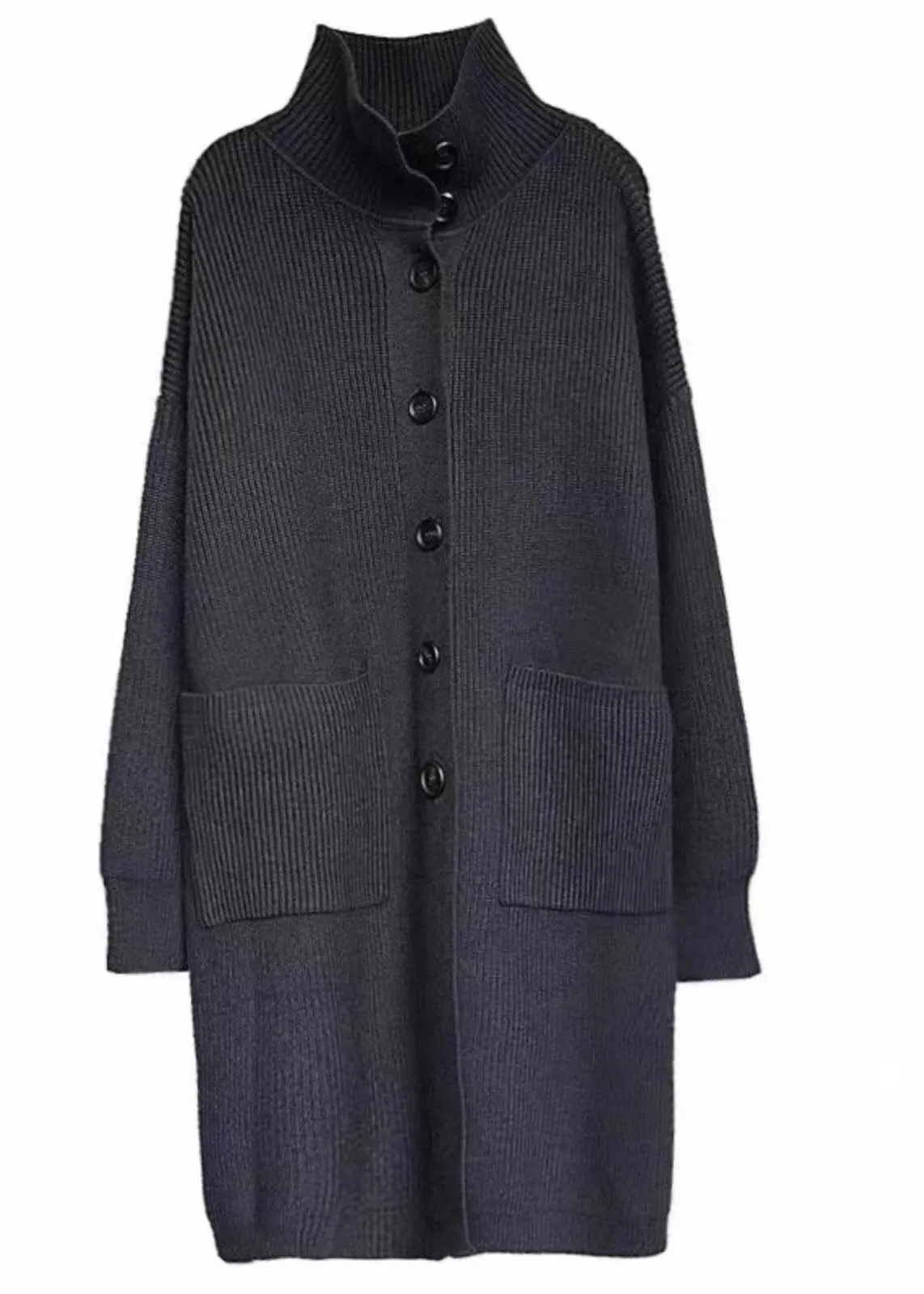 Casua Grey Turtleneck Pockets Button Thick Long Knit Sweater Fall ML2224