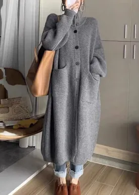 Casua Grey Turtleneck Pockets Button Thick Long Knit Sweater Fall ML2224