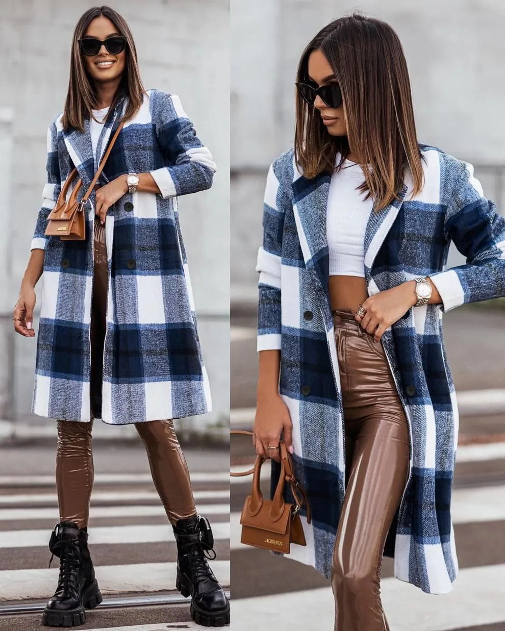 Casual Long Sleeve Plaid Long Woolen Cardigan Jacket