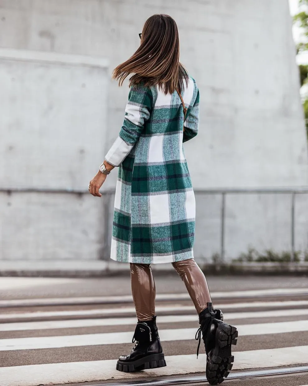 Casual Long Sleeve Plaid Long Woolen Cardigan Jacket