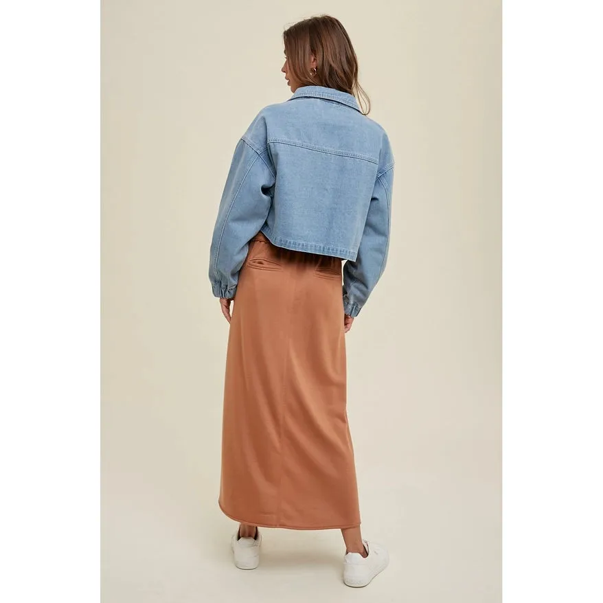 Cropped Bomber Denim Jacket