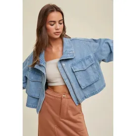 Cropped Bomber Denim Jacket