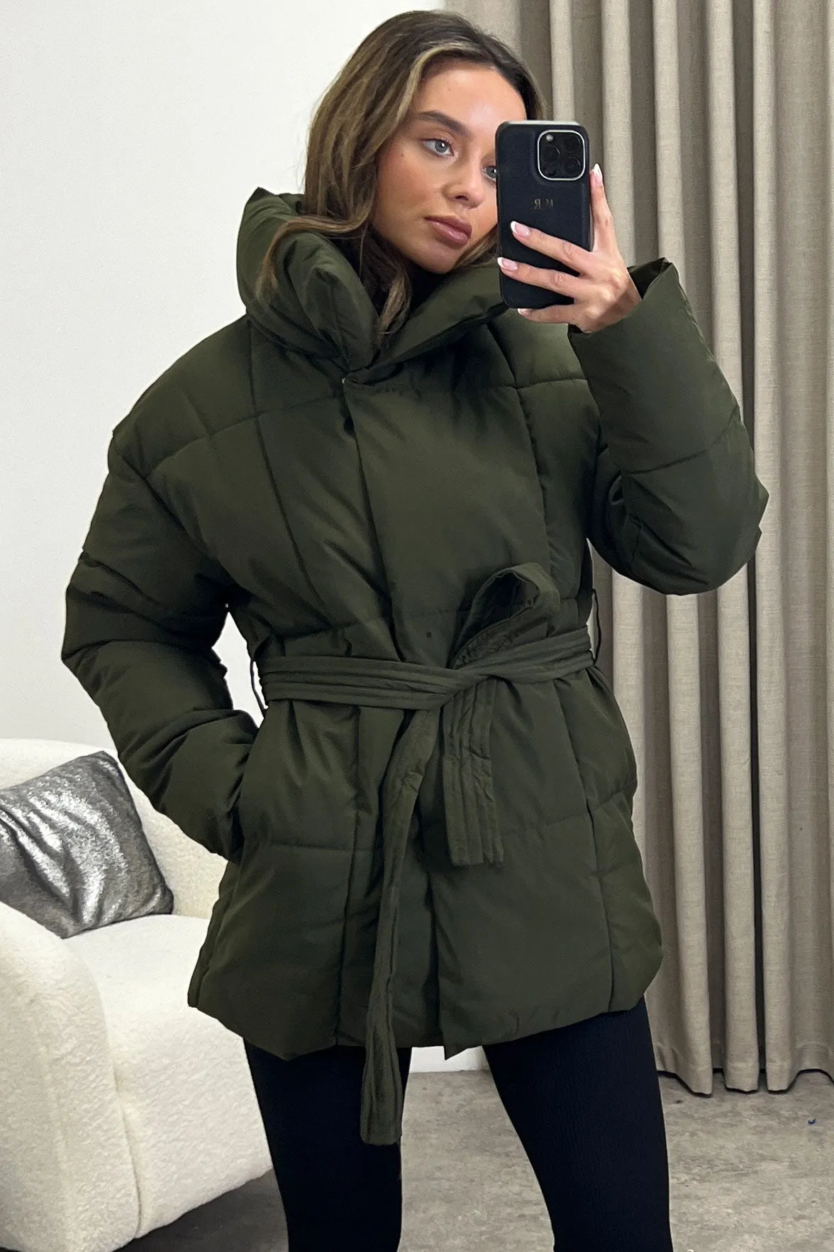 Evyn Khaki Belted Padded Duvet Coat