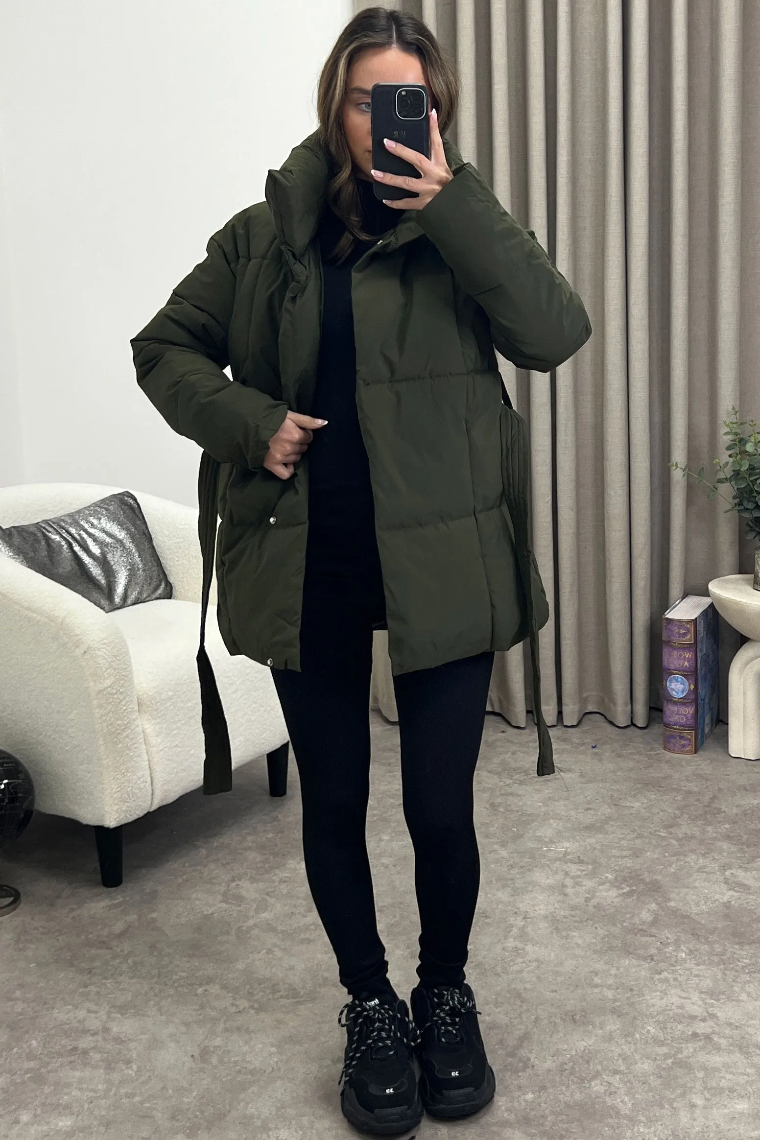 Evyn Khaki Belted Padded Duvet Coat
