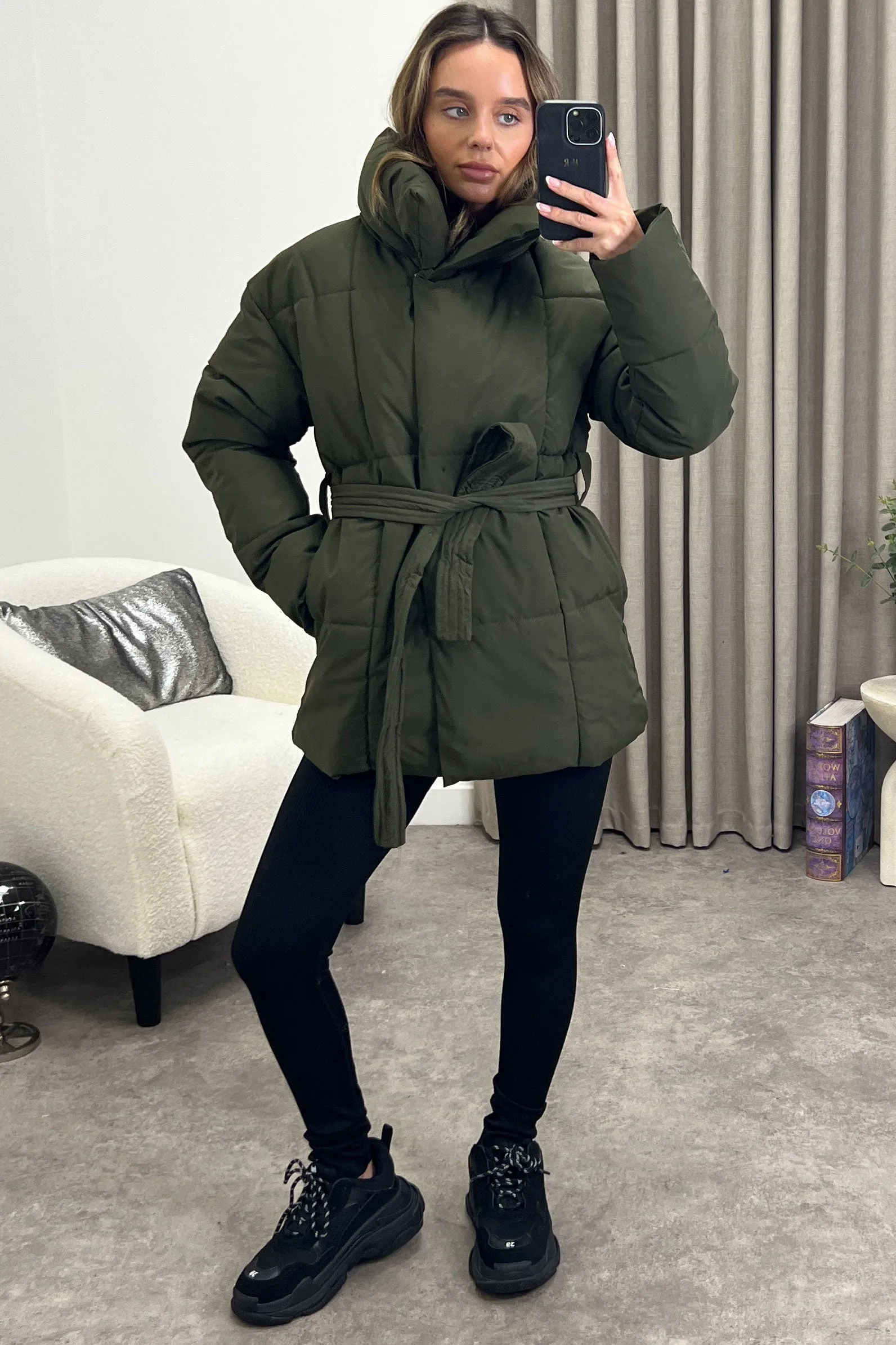 Evyn Khaki Belted Padded Duvet Coat