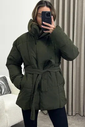 Evyn Khaki Belted Padded Duvet Coat
