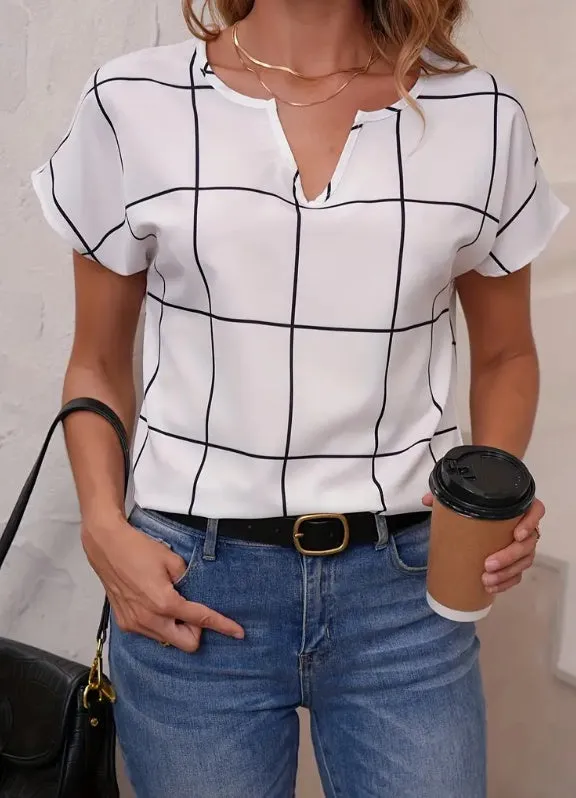 Fashion Plaid Print Notched Neck Shirt