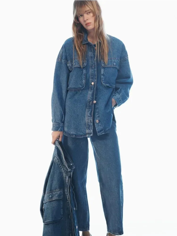 Girlary Blue Loose Denim Shirt Design With Patch Pockets Embellished With Vintage Washed Casual Lapel Short Jacket