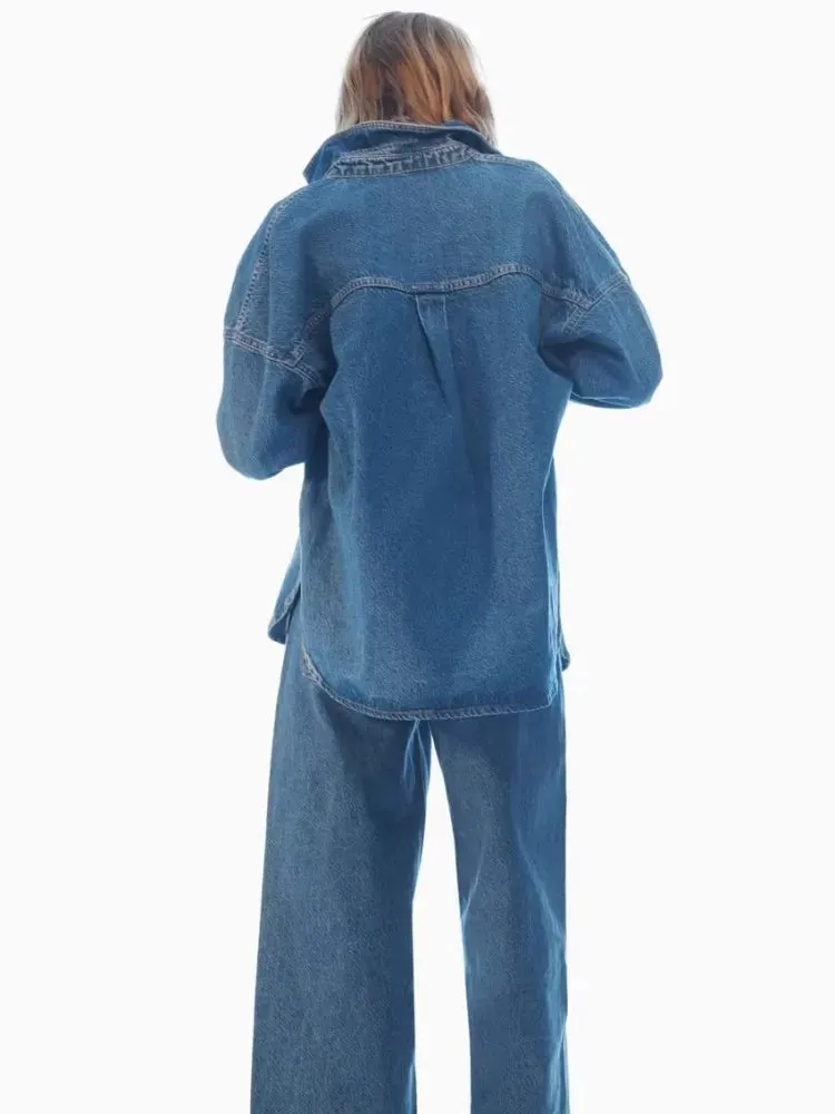 Girlary Blue Loose Denim Shirt Design With Patch Pockets Embellished With Vintage Washed Casual Lapel Short Jacket