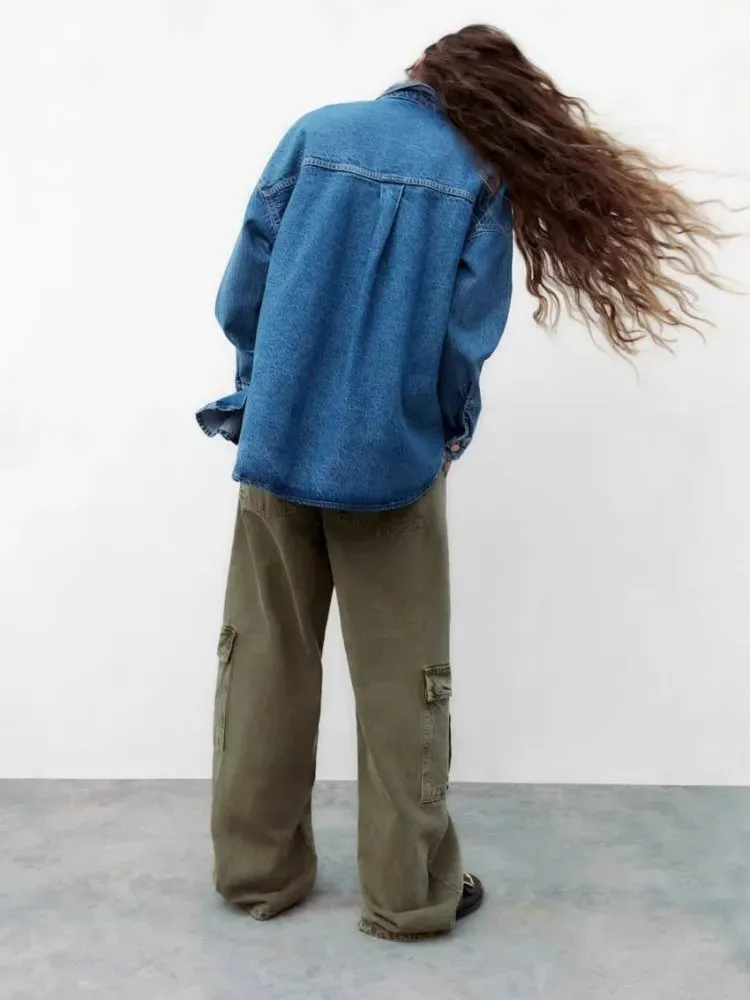 Girlary Blue Loose Denim Shirt Design With Patch Pockets Embellished With Vintage Washed Casual Lapel Short Jacket