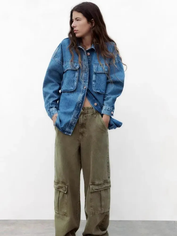 Girlary Blue Loose Denim Shirt Design With Patch Pockets Embellished With Vintage Washed Casual Lapel Short Jacket