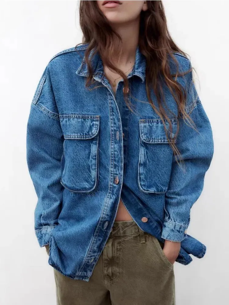Girlary Blue Loose Denim Shirt Design With Patch Pockets Embellished With Vintage Washed Casual Lapel Short Jacket