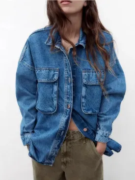 Girlary Blue Loose Denim Shirt Design With Patch Pockets Embellished With Vintage Washed Casual Lapel Short Jacket