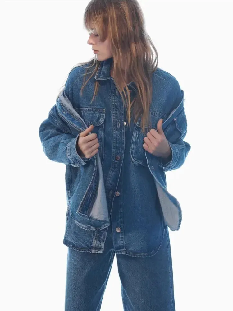 Girlary Blue Loose Denim Shirt Design With Patch Pockets Embellished With Vintage Washed Casual Lapel Short Jacket