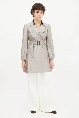 Grey Satin Mid Length A-Line Trench Coat