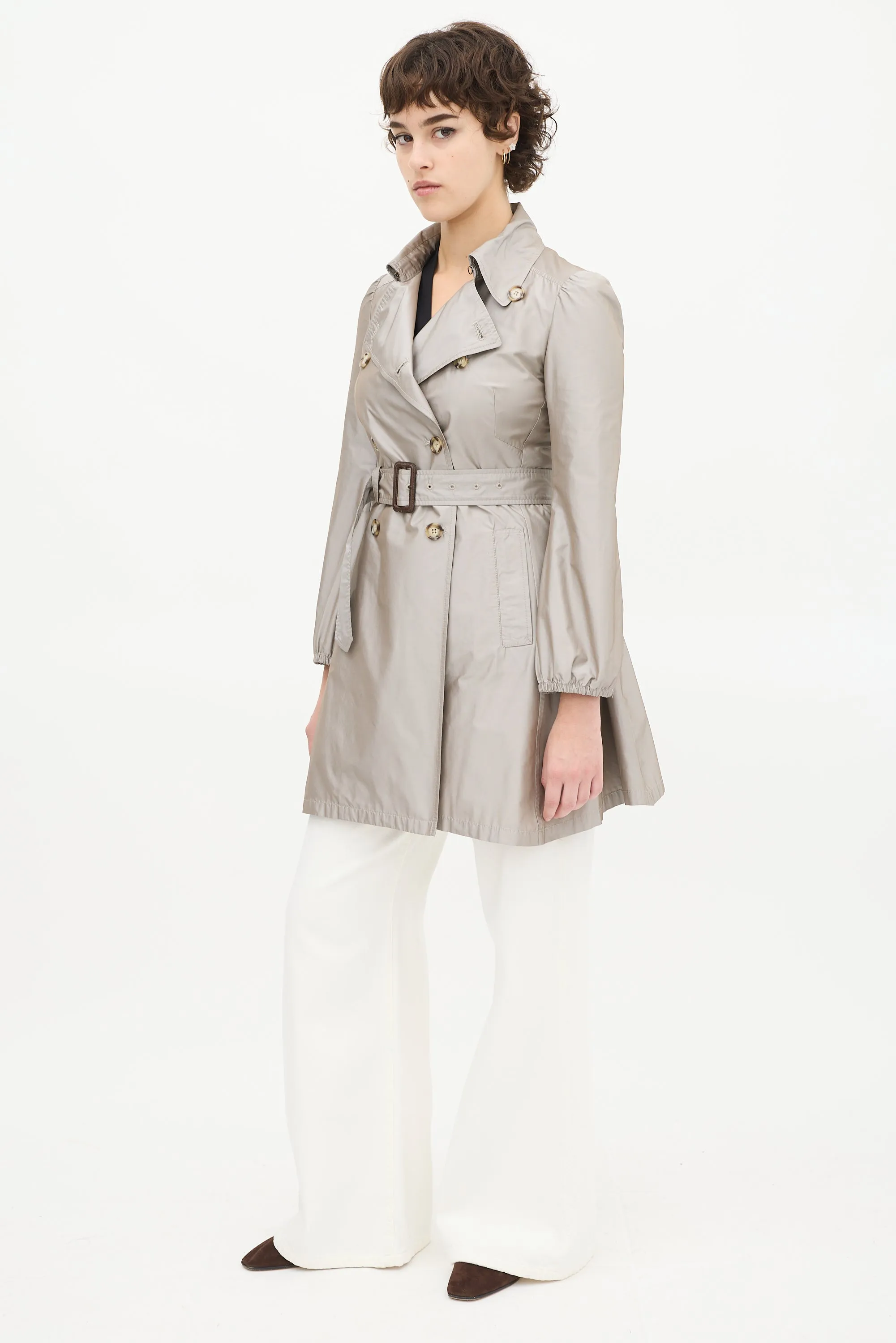Grey Satin Mid Length A-Line Trench Coat