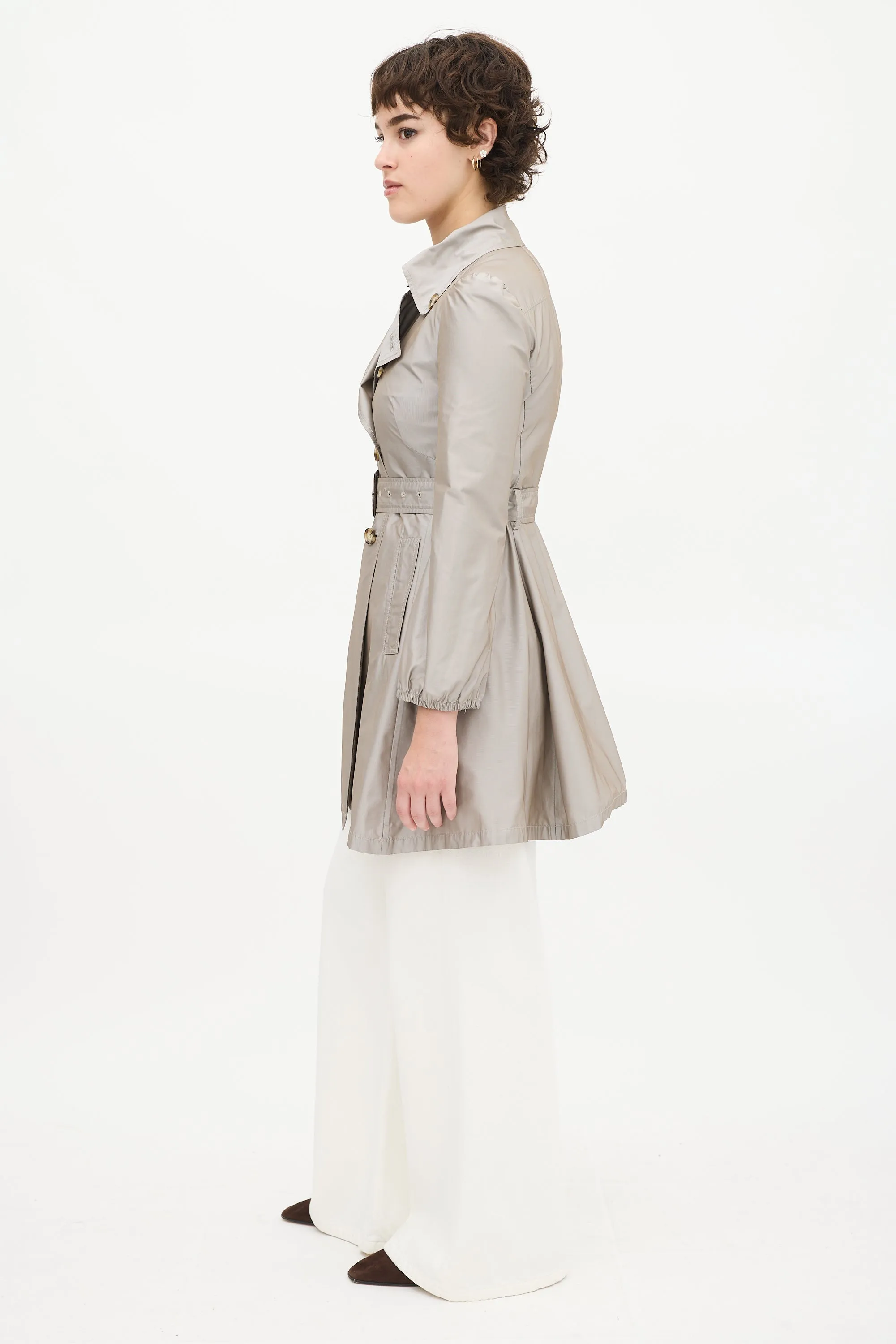 Grey Satin Mid Length A-Line Trench Coat
