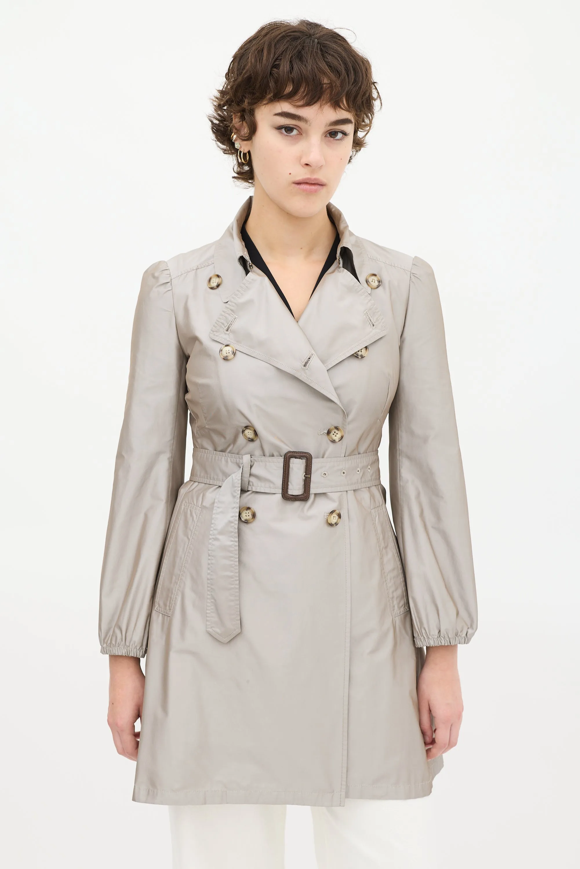 Grey Satin Mid Length A-Line Trench Coat