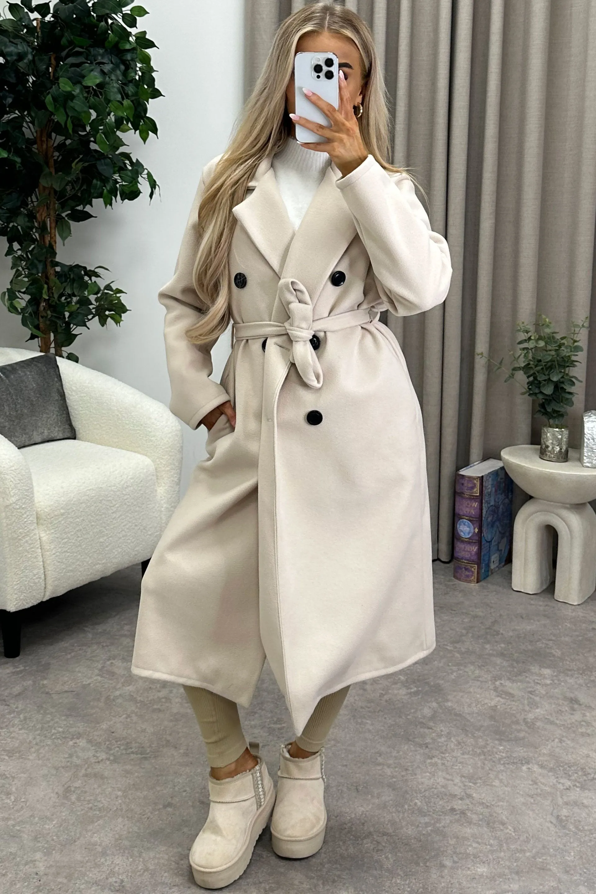 Kennie Beige Wool Button Up Belted Trench Longline Coat