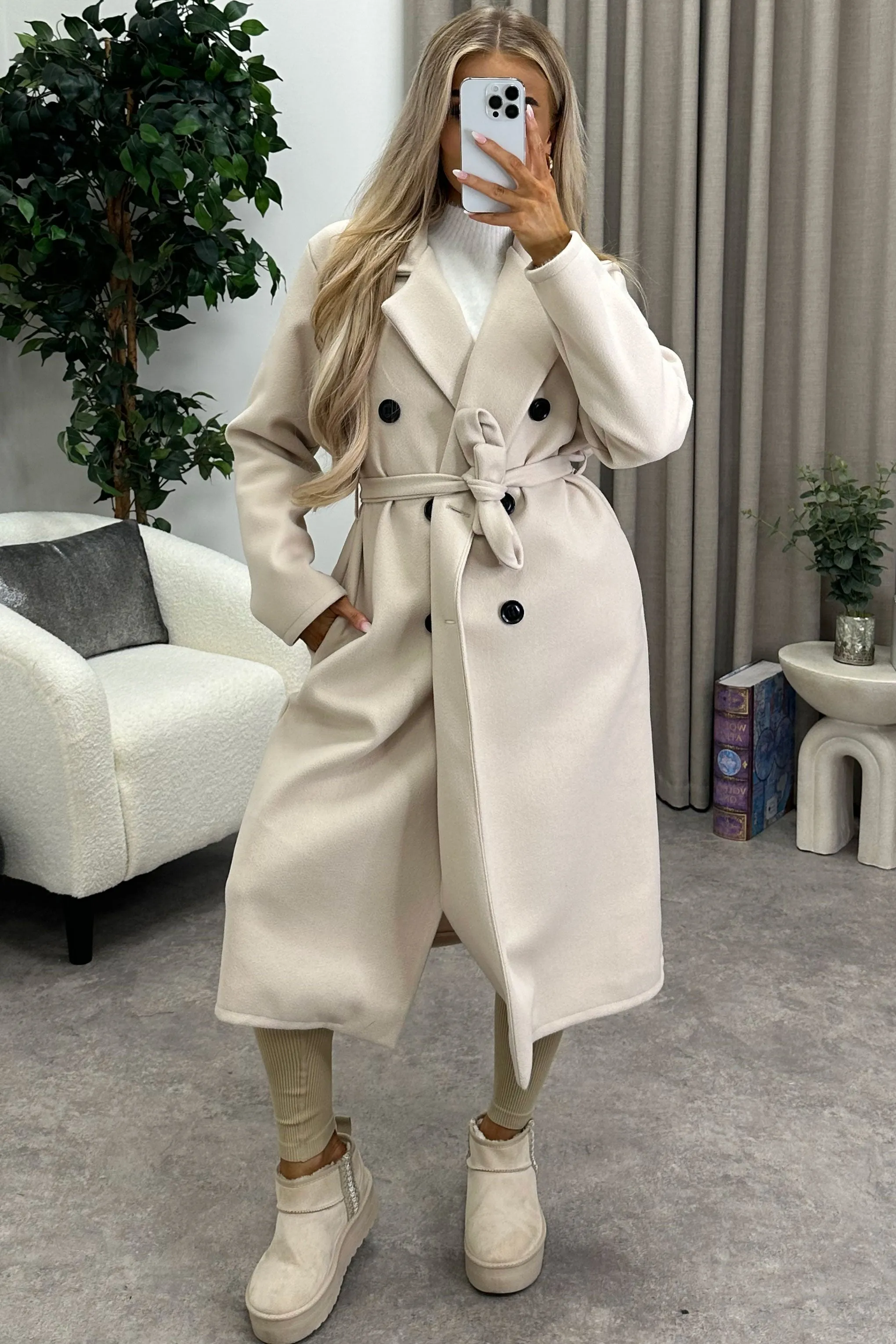 Kennie Beige Wool Button Up Belted Trench Longline Coat